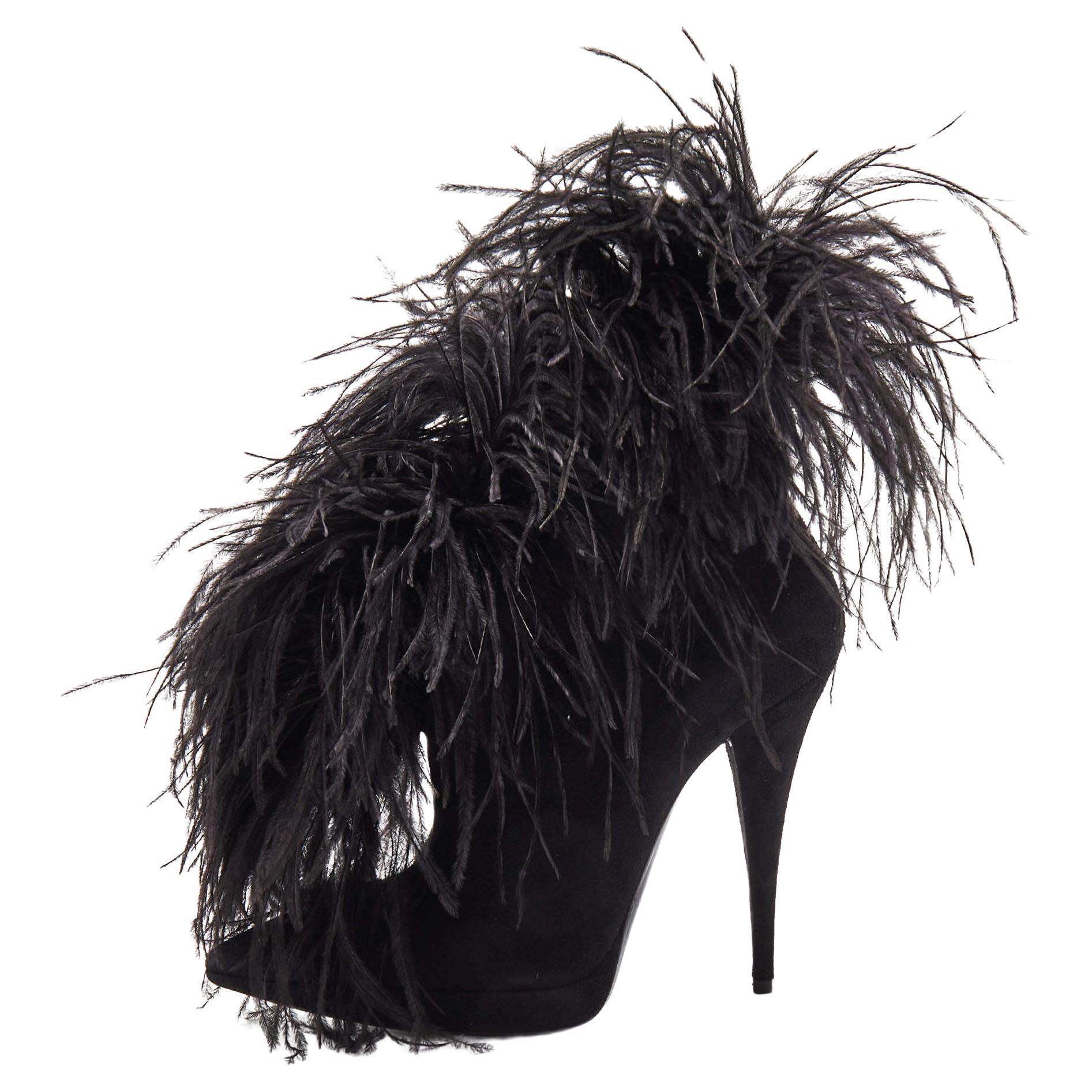 Saint Laurent Black Suede and Feather Zizi Ankle Booties Size 39 For Sale