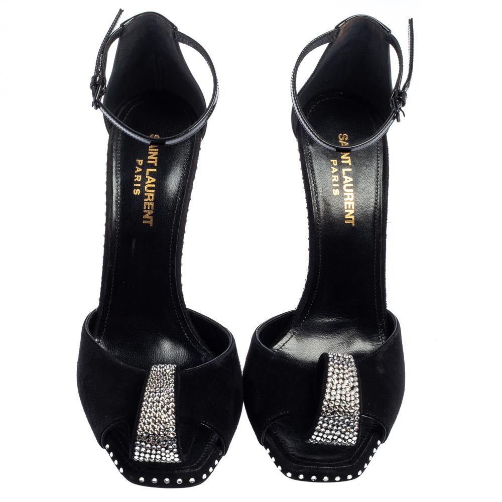 Saint Laurent Black Suede And Patent Leather Crystal Embellished Sandals Size 38 In Good Condition In Dubai, Al Qouz 2