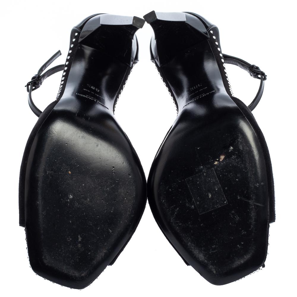 Saint Laurent Black Suede And Patent Leather Crystal Embellished Sandals Size 38 2