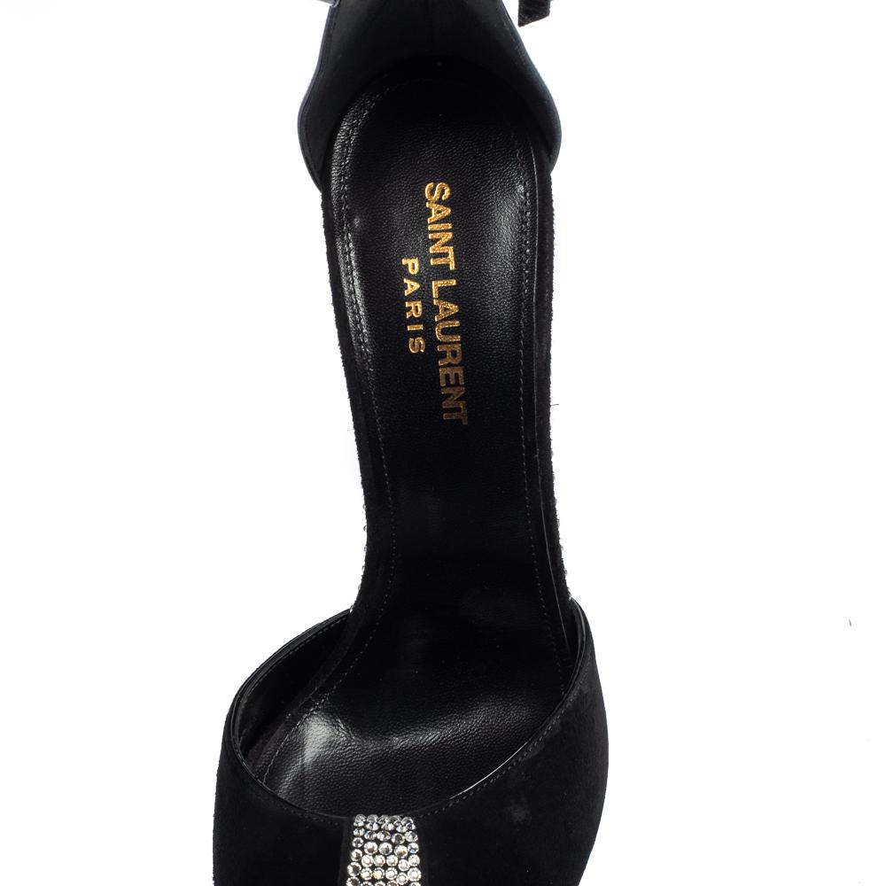 Saint Laurent Black Suede And Patent Leather Crystal Embellished Sandals Size 38 3
