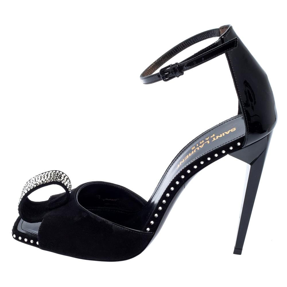 Saint Laurent Black Suede And Patent Leather Crystal Embellished Sandals Size 38