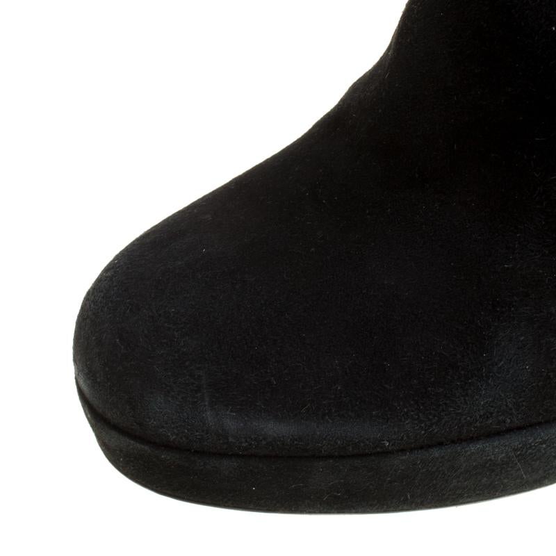 Women's Saint Laurent Black Suede Block Heel Knee Length Platform Boots Size 40