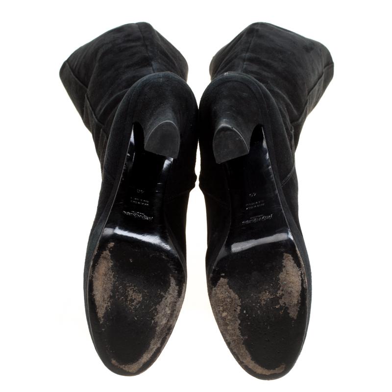 Saint Laurent Black Suede Block Heel Knee Length Platform Boots Size 40 1