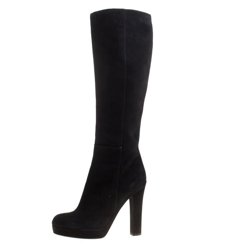 Saint Laurent Black Suede Block Heel Knee Length Platform Boots Size 41 5