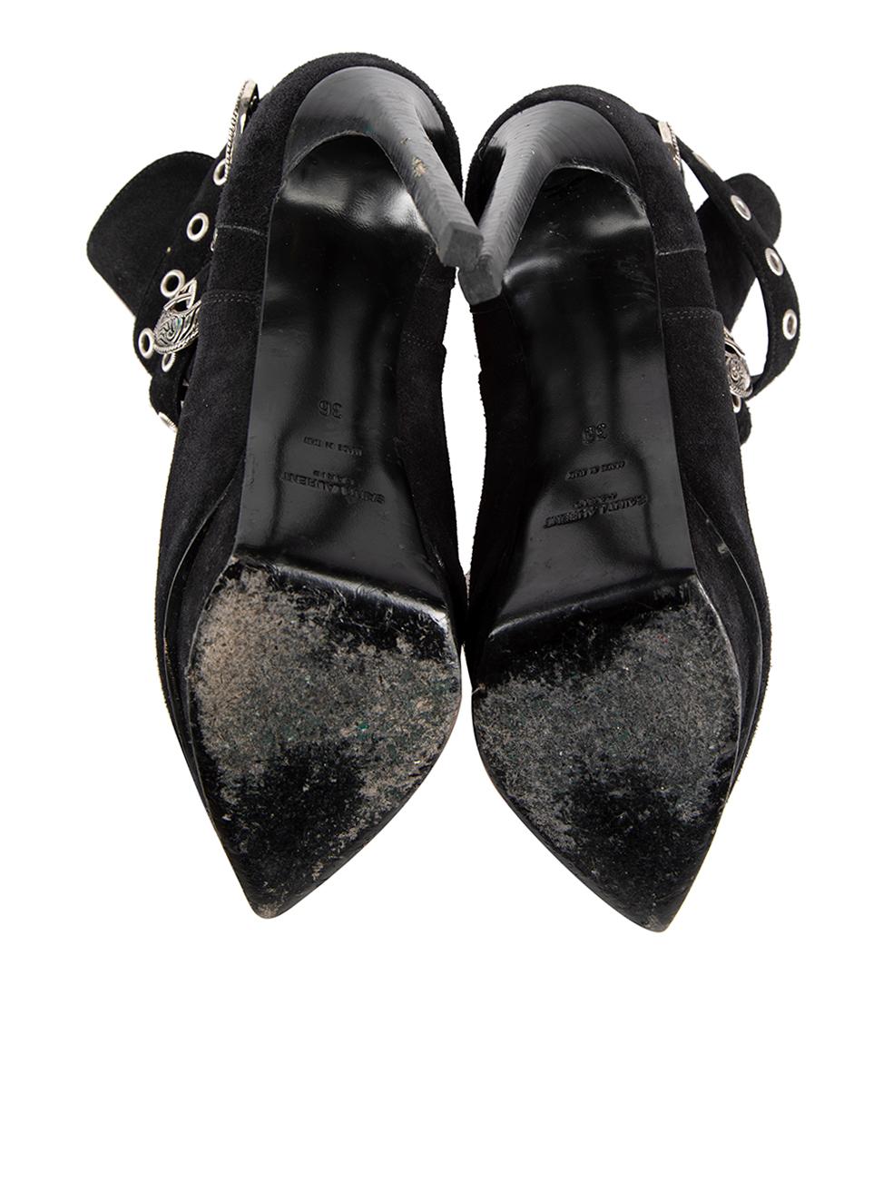 Women's Saint Laurent Black Suede Buckle Heeled Boots Size IT 36 For Sale