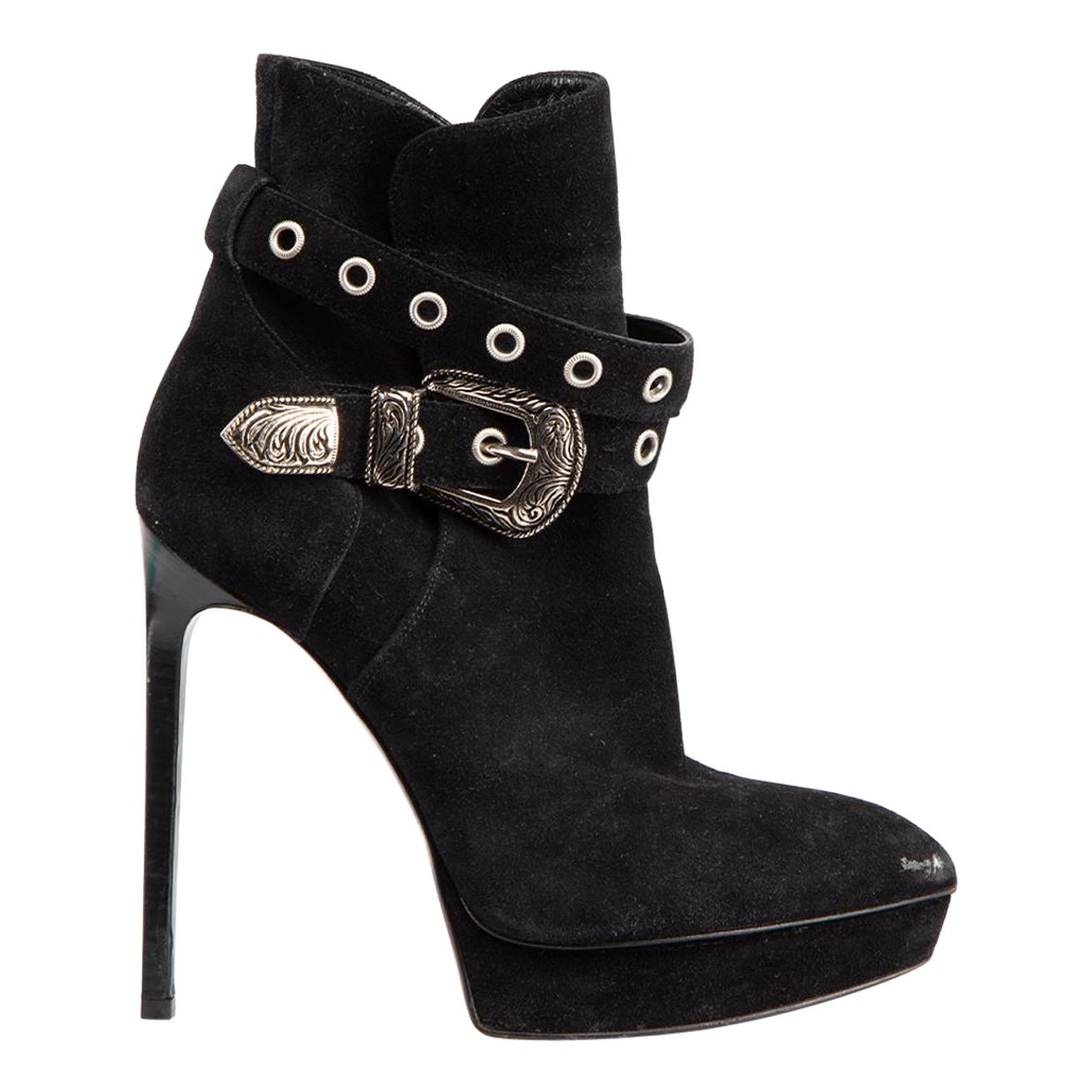 Saint Laurent Stivali con tacco con fibbia in pelle scamosciata nera Taglia IT 36