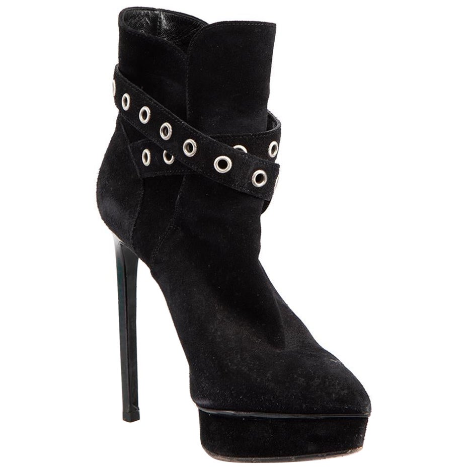 Saint Laurent Black Suede Buckle Heeled Boots Size IT 36