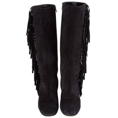 SAINT LAURENT black suede FRINGE BLOCK HEEL Boots Shoes 39