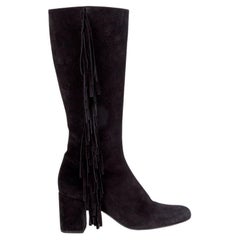 SAINT LAURENT black suede FRINGE BLOCK HEEL Boots Shoes 39