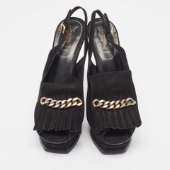 Saint Laurent Black Suede Fringe Chain Slingback Sandals Size 41
