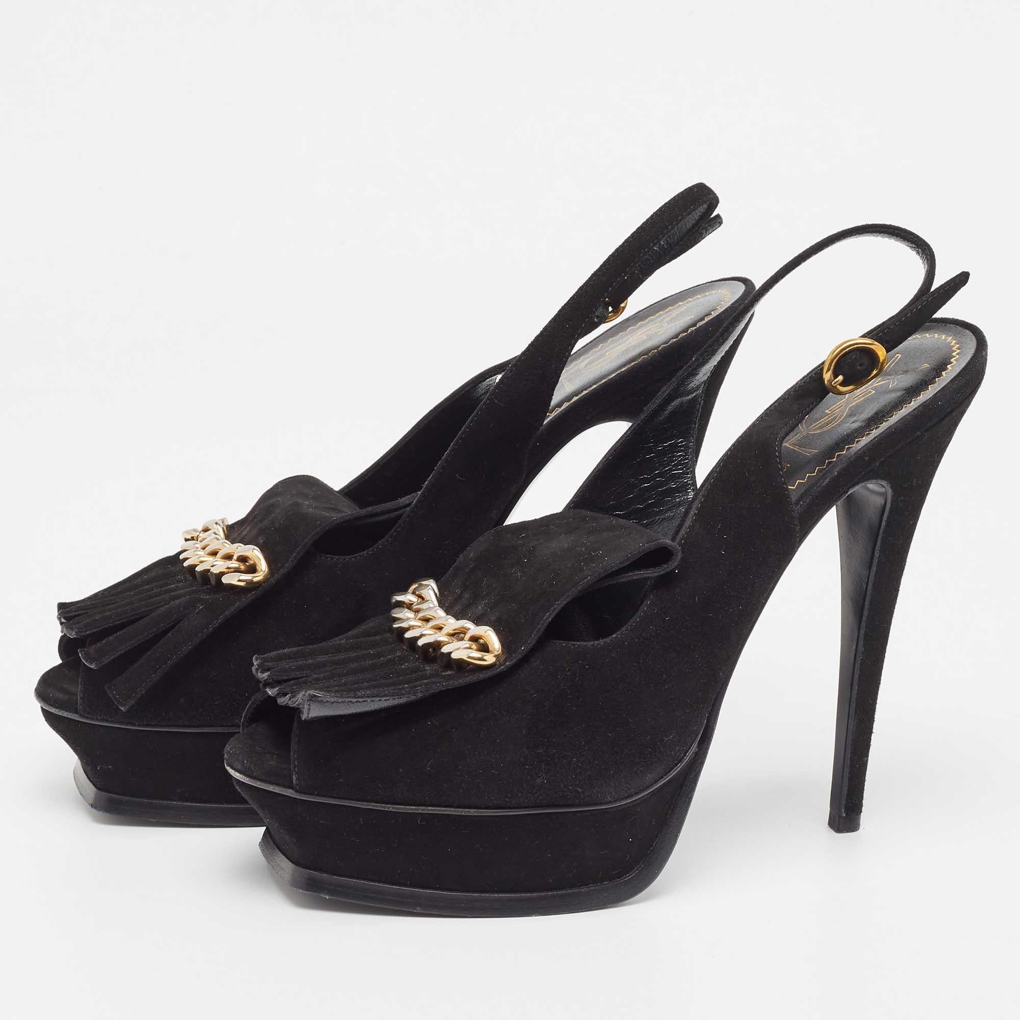 Women's Saint Laurent Black Suede Fringe Chain Slingback Sandals Size 41 For Sale