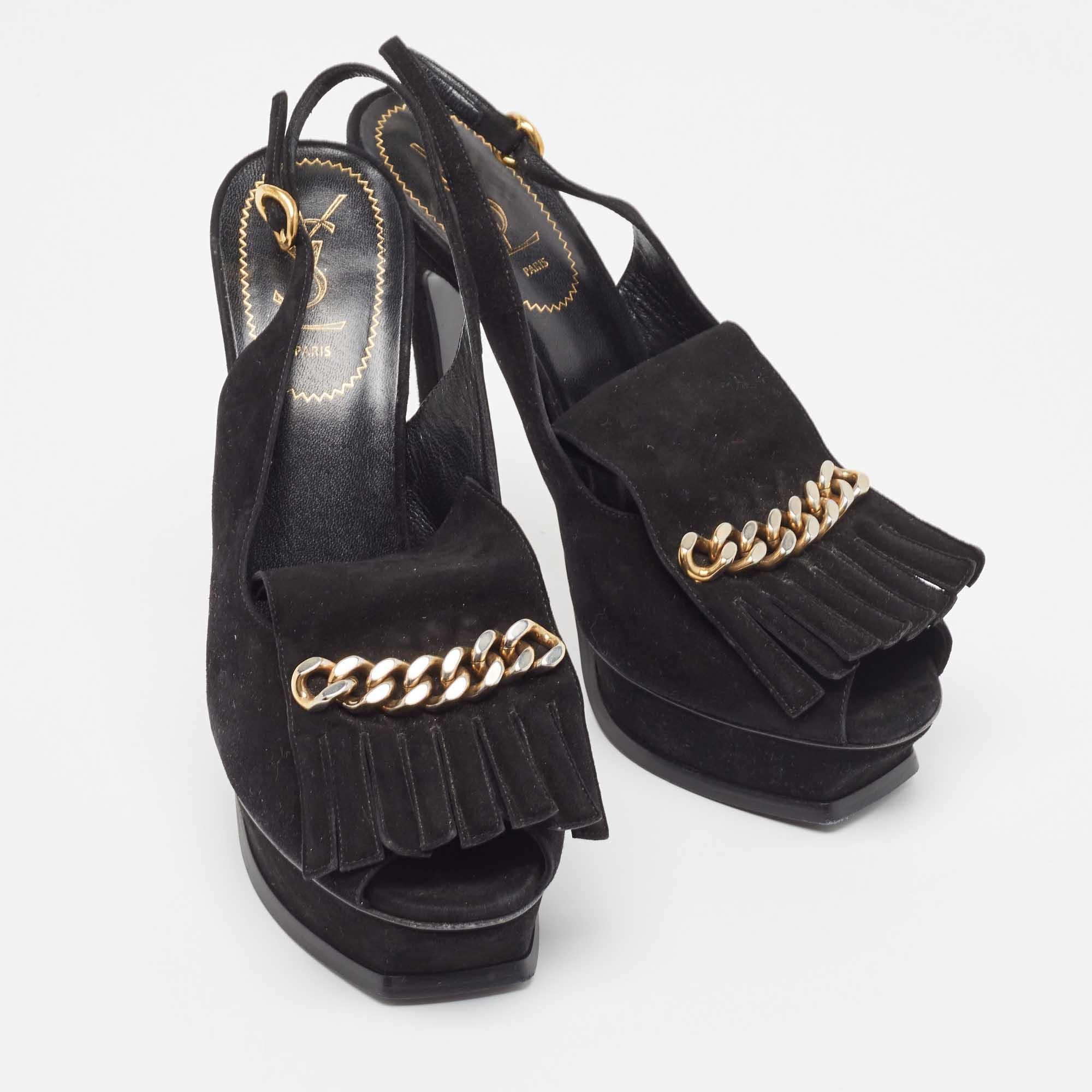 Saint Laurent Black Suede Fringe Chain Slingback Sandals Size 41 For Sale 1