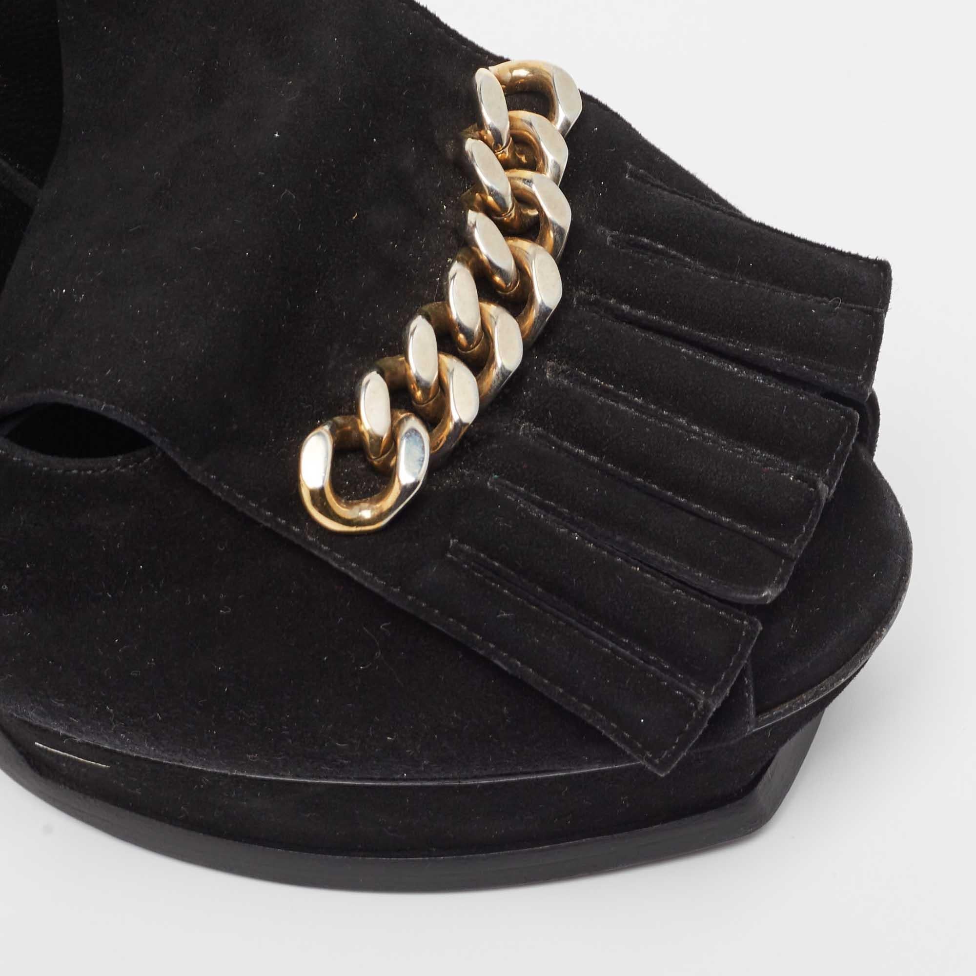 Saint Laurent Black Suede Fringe Chain Slingback Sandals Size 41 For Sale 2