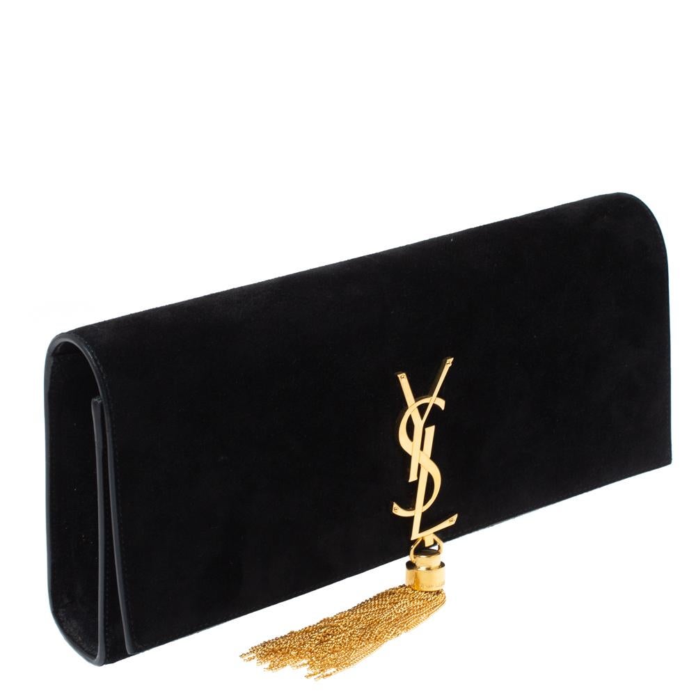 Saint Laurent Black Suede Kate Tassel Clutch In Good Condition In Dubai, Al Qouz 2