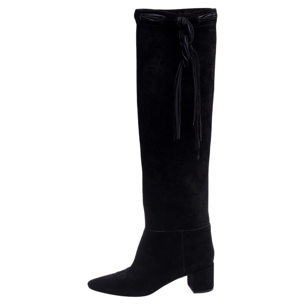 Saint Laurent Black Suede Knee High Boots Size 40 2