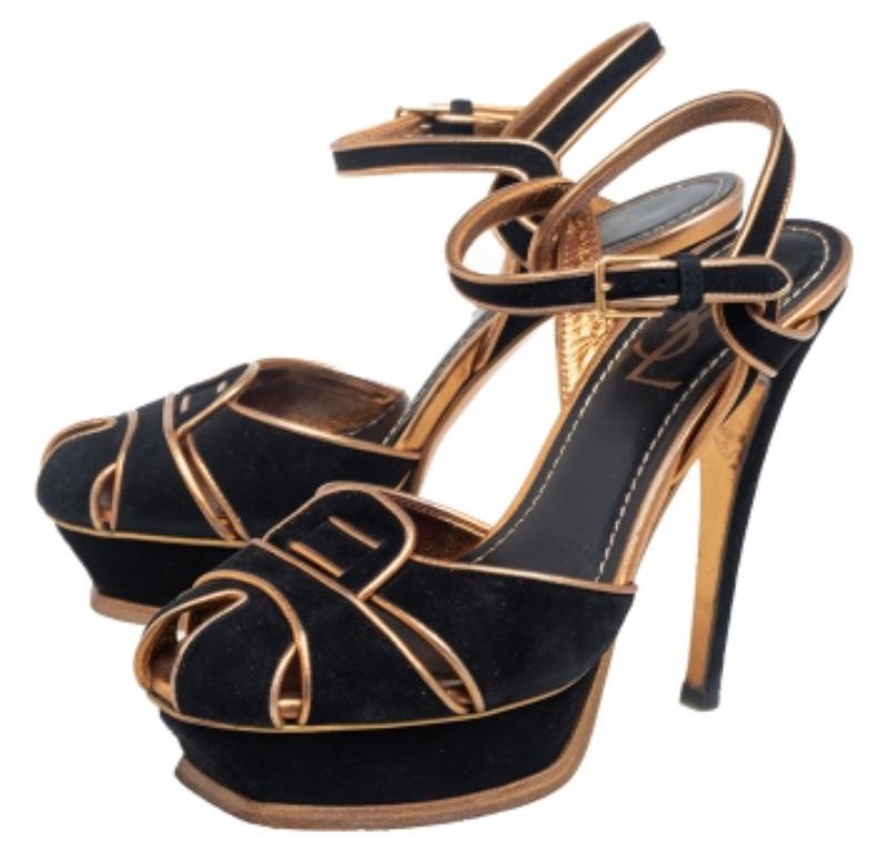 Noir Saint Laurent  Sandales à plateforme en daim et cuir noir Taille 36