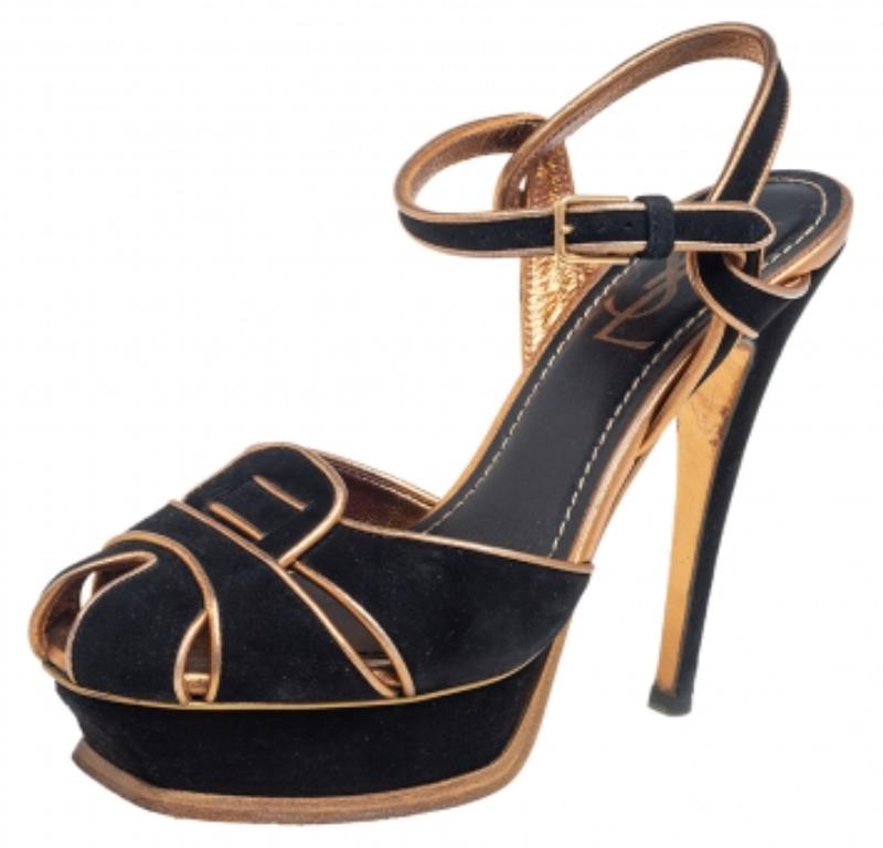 Saint Laurent  Sandales à plateforme en daim et cuir noir Taille 36 Bon état à Dubai, Al Qouz 2