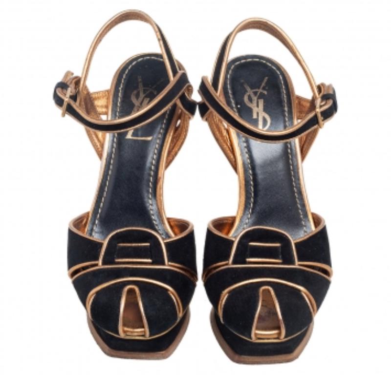 Saint Laurent  Sandales à plateforme en daim et cuir noir Taille 36 1