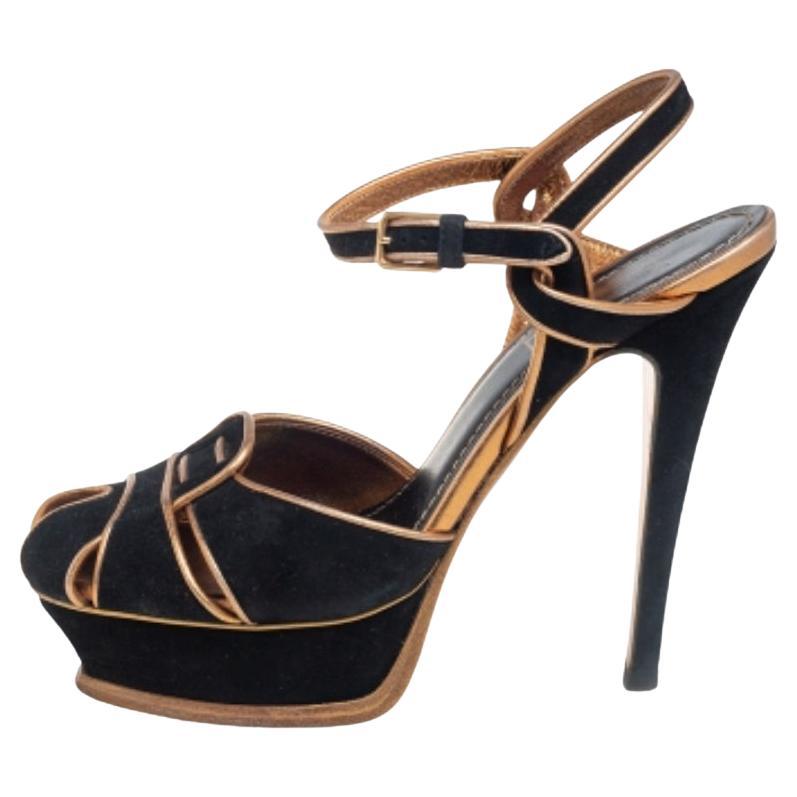 Saint Laurent  Sandales à plateforme en daim et cuir noir Taille 36