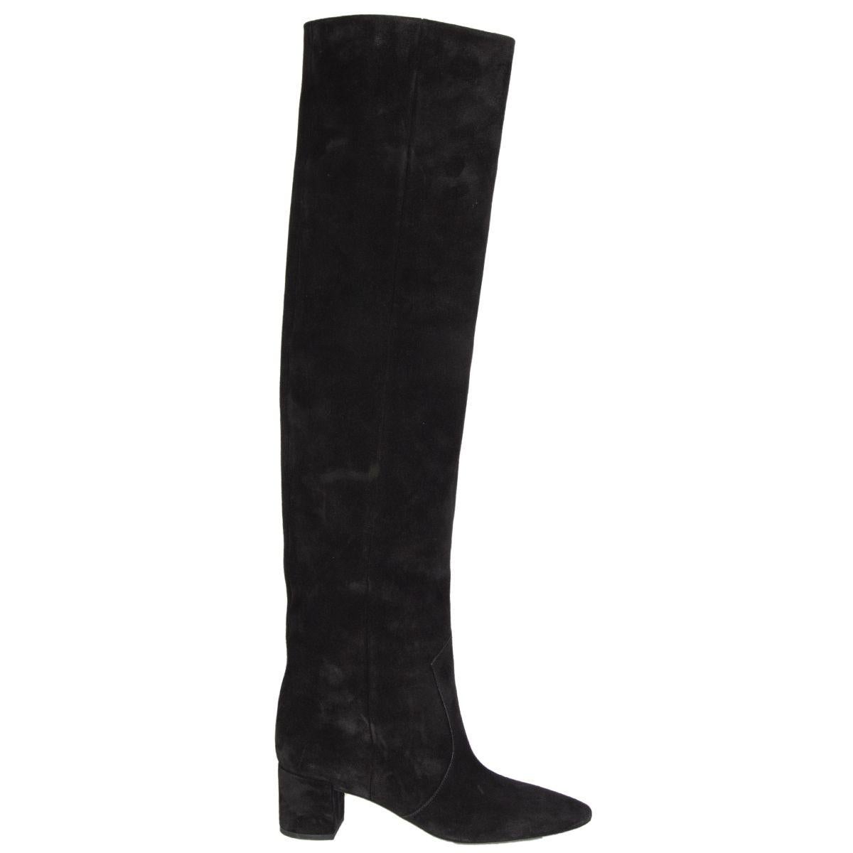 SAINT LAURENT black suede LOU BLOCK HEEL Over the Knee Boots Shoes 38 For Sale