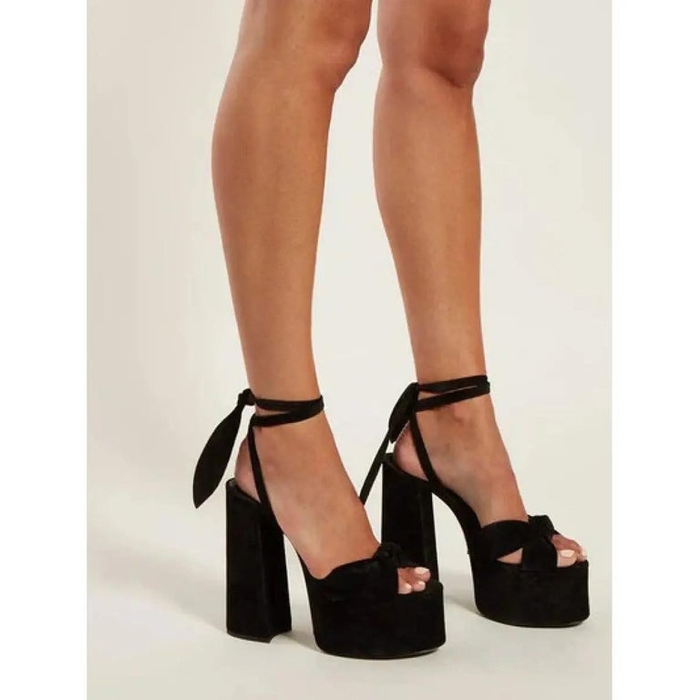 SAINT LAURENT black suede PAIGE 145 Platform Sandals Shoes 39 For