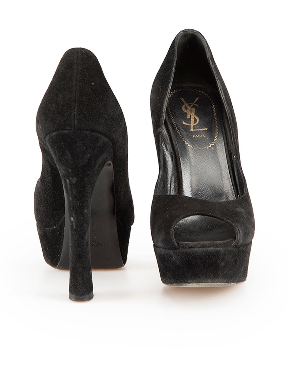 Saint Laurent Black Suede Peep Toe Platform Heels Size IT 38.5 In Good Condition For Sale In London, GB