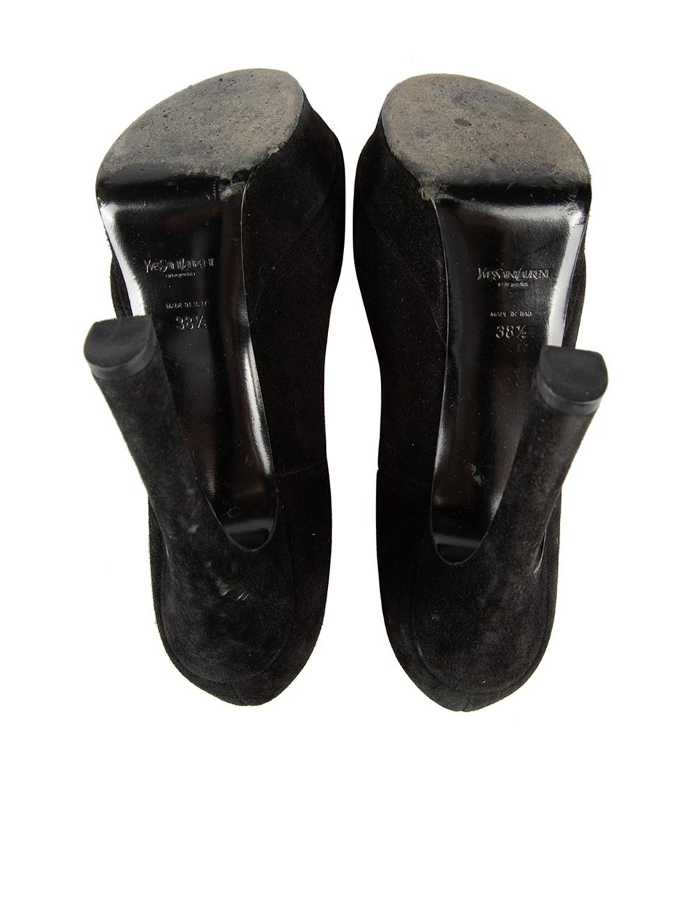 Women's Saint Laurent Black Suede Peep Toe Platform Heels Size IT 38.5 For Sale
