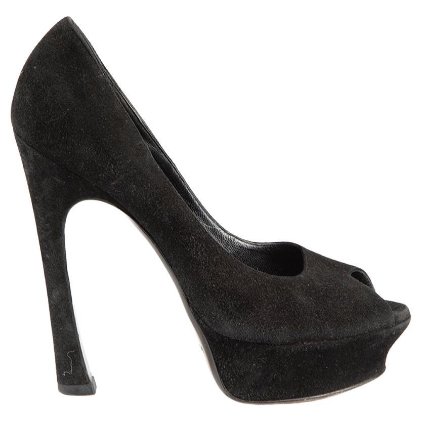 Saint Laurent Black Suede Peep Toe Platform Heels Size IT 38.5 For Sale