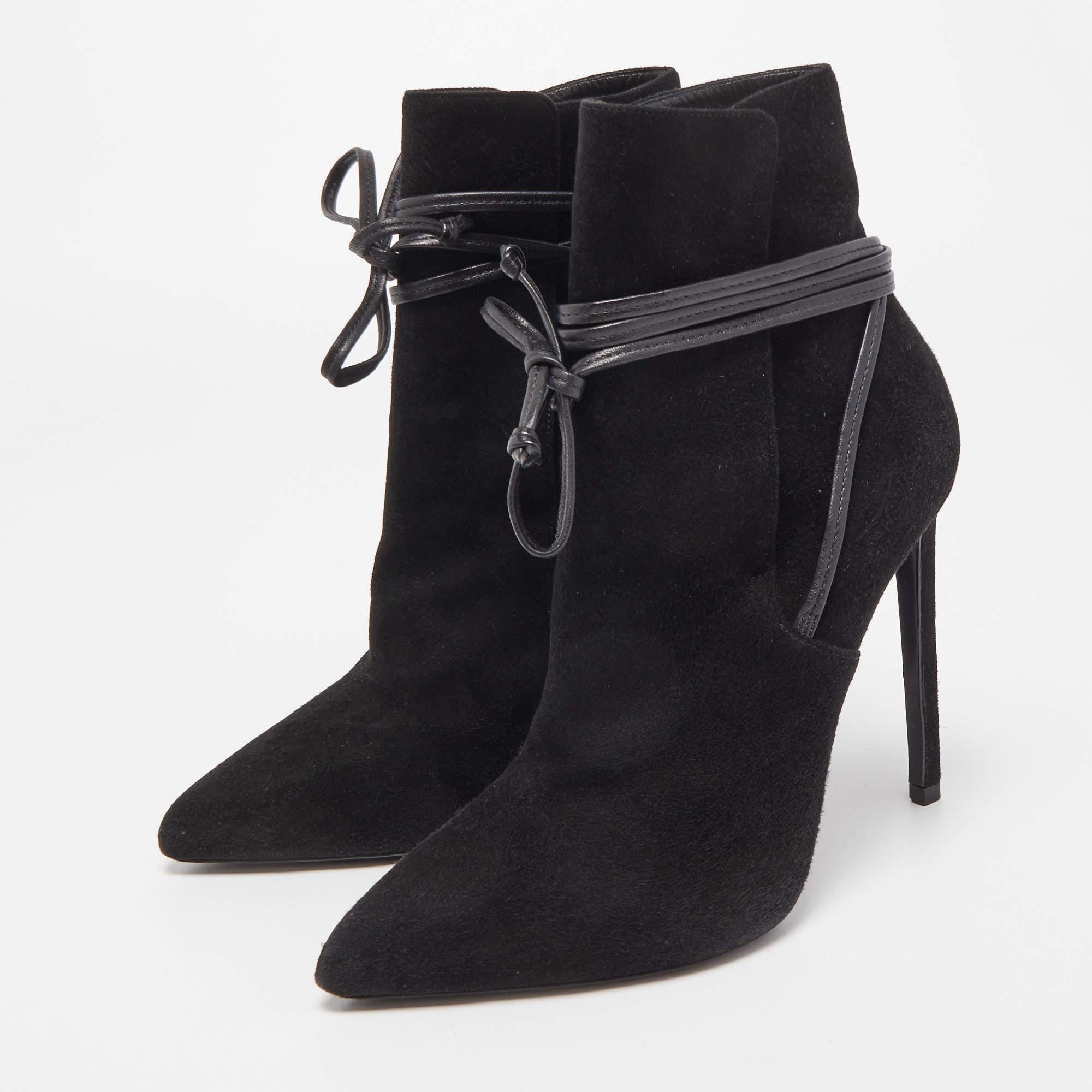 Saint Laurent Black Suede Pointed Toe Wrap Ankle Boots Size 38 at