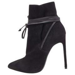 Saint Laurent Black Suede Pointed Toe Wrap Ankle Boots Size 38