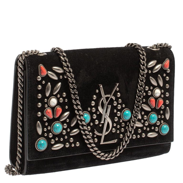 Saint Laurent Black Suede Small Stone Studded Kate Crossbody Bag at