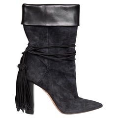 Saint Laurent Black Suede Tassel Mid Calf Boots Size IT 37.5
