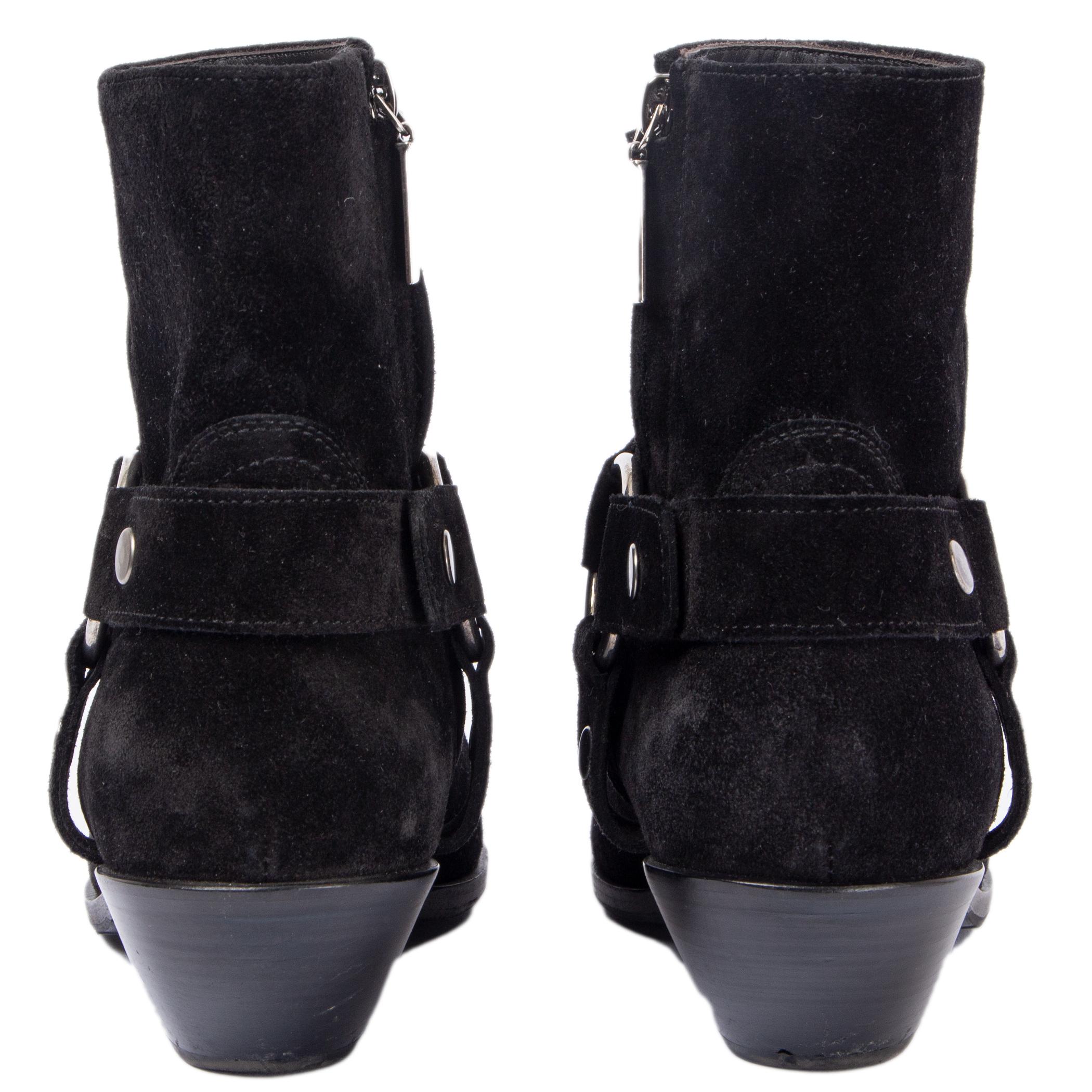 SAINT LAURENT black suede WEST HARNESS Cowboy Ankle Boots Shoes 37 In Excellent Condition For Sale In Zürich, CH