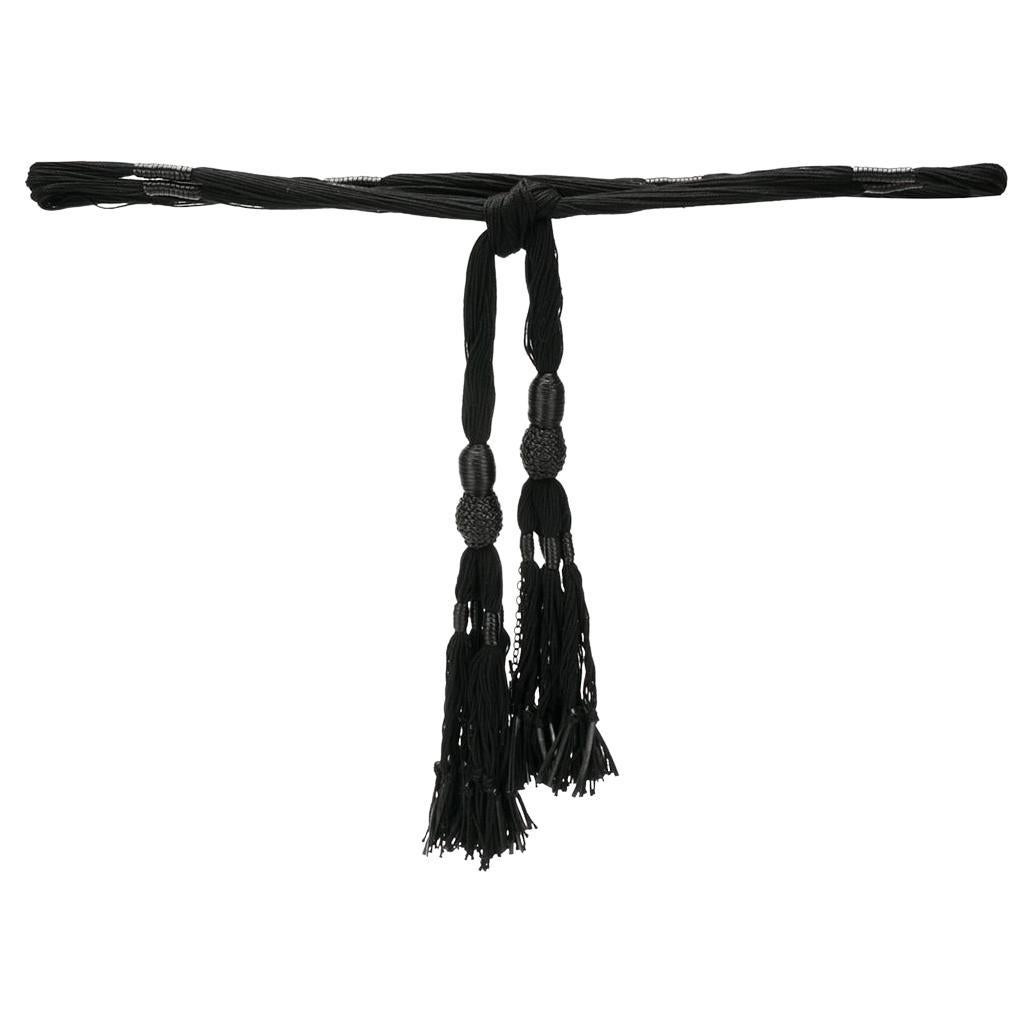 Saint Laurent Black Tassel Knot Cotton & Leather Rope Belt w/ YSL Charm Size 85