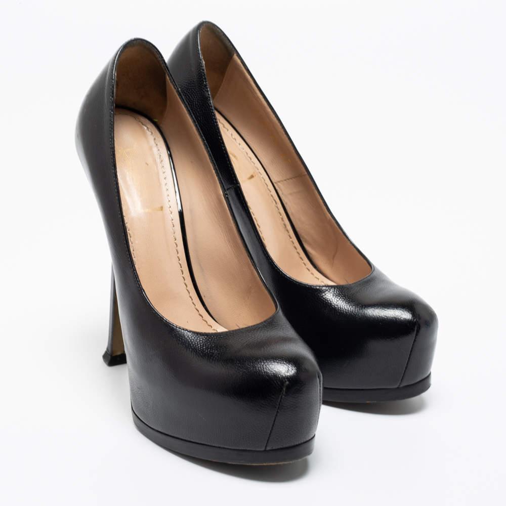 Women's Saint Laurent Black Textured Leather Tribtoo Platform Pumps Size 37