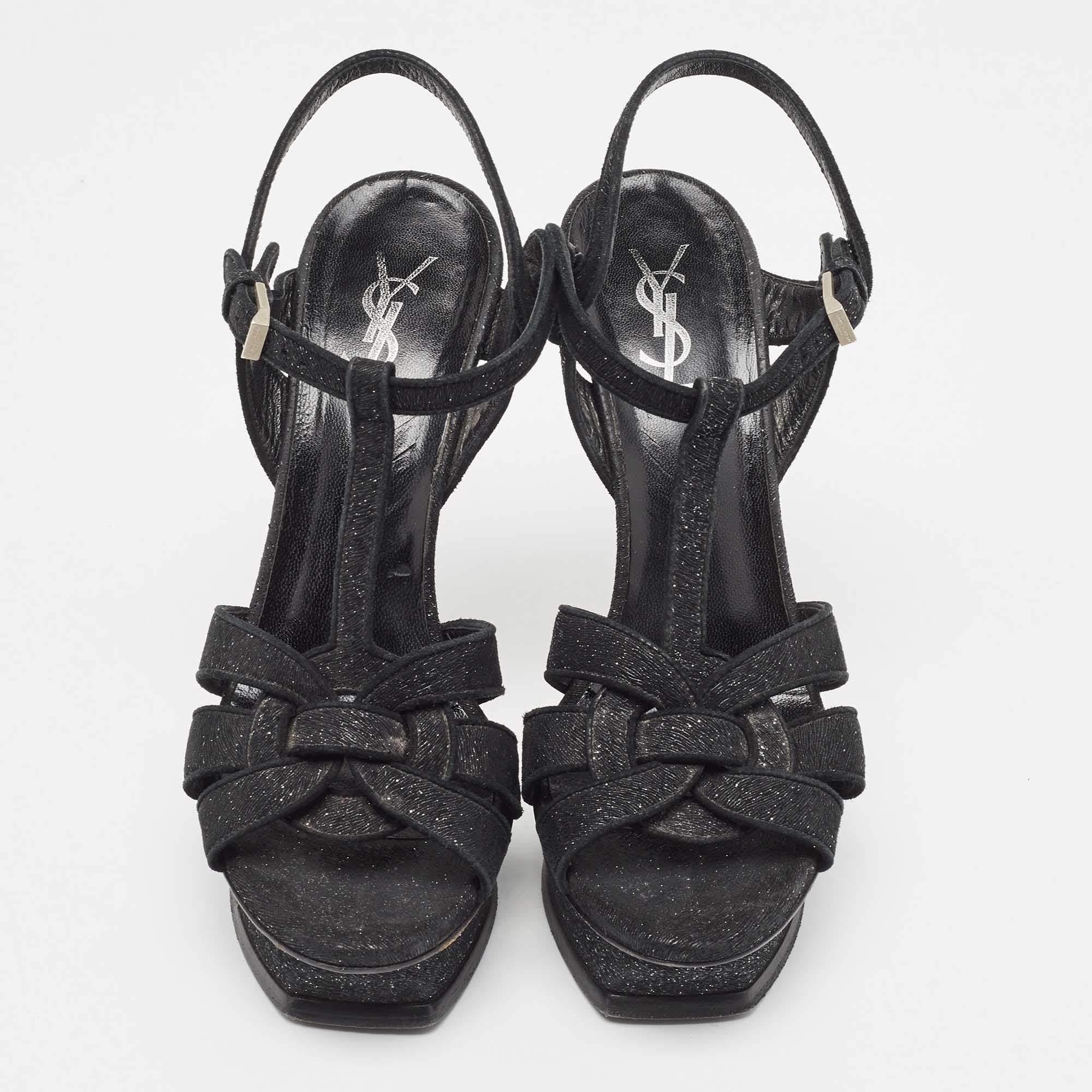 Women's Saint Laurent Black Textured Suede Tribute Sandals Size 39 For Sale