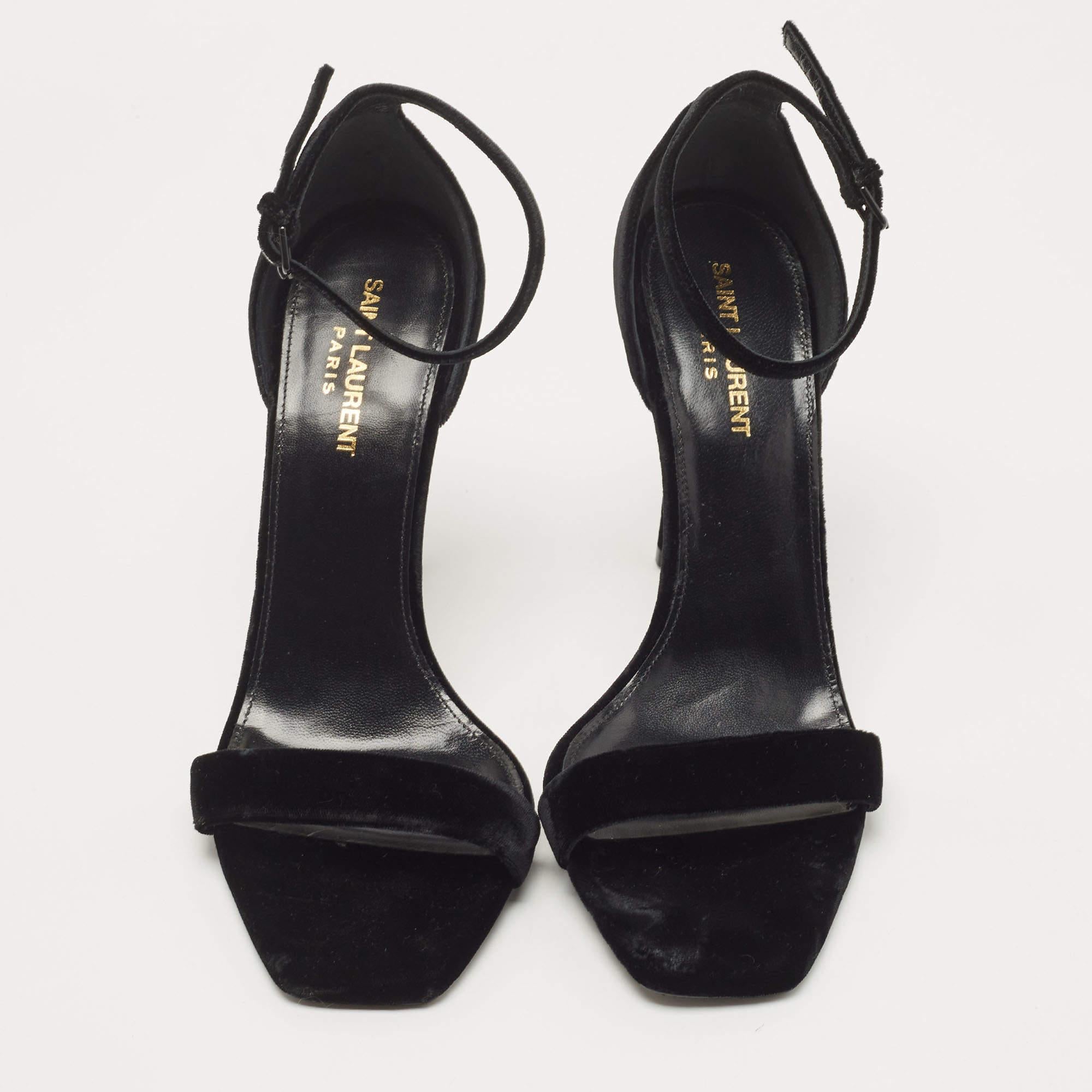 Saint Laurent Black Velvet Amber Ankle Strap Sandals Size 39.5 In New Condition In Dubai, Al Qouz 2