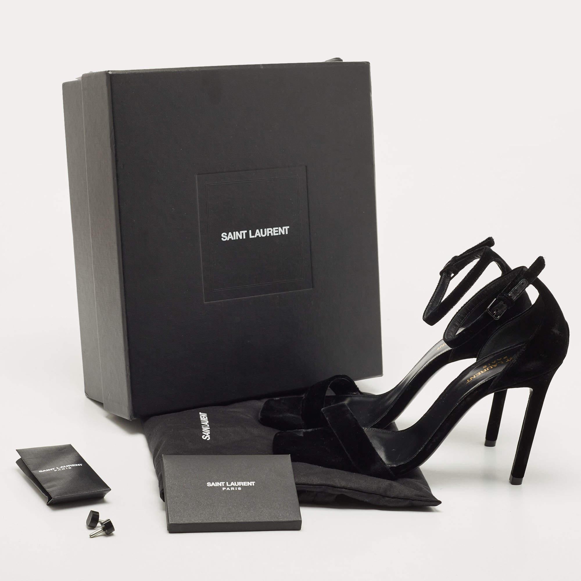 Saint Laurent Black Velvet Amber Ankle Strap Sandals Size 39.5 4