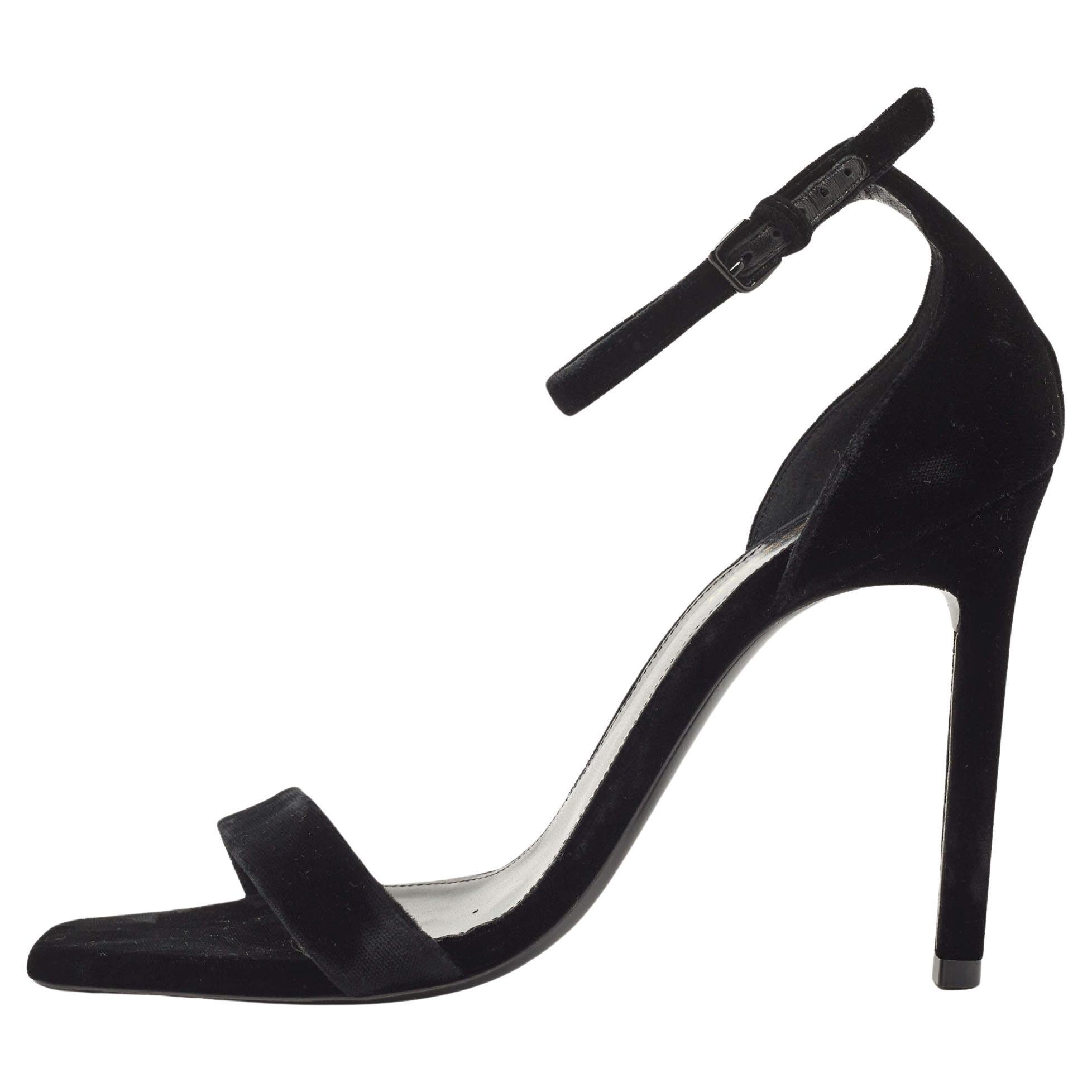 Saint Laurent Black Velvet Amber Ankle Strap Sandals Size 39.5