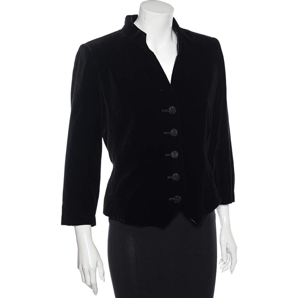 Saint Laurent Black Velvet Button Front Jacket L In Good Condition For Sale In Dubai, Al Qouz 2