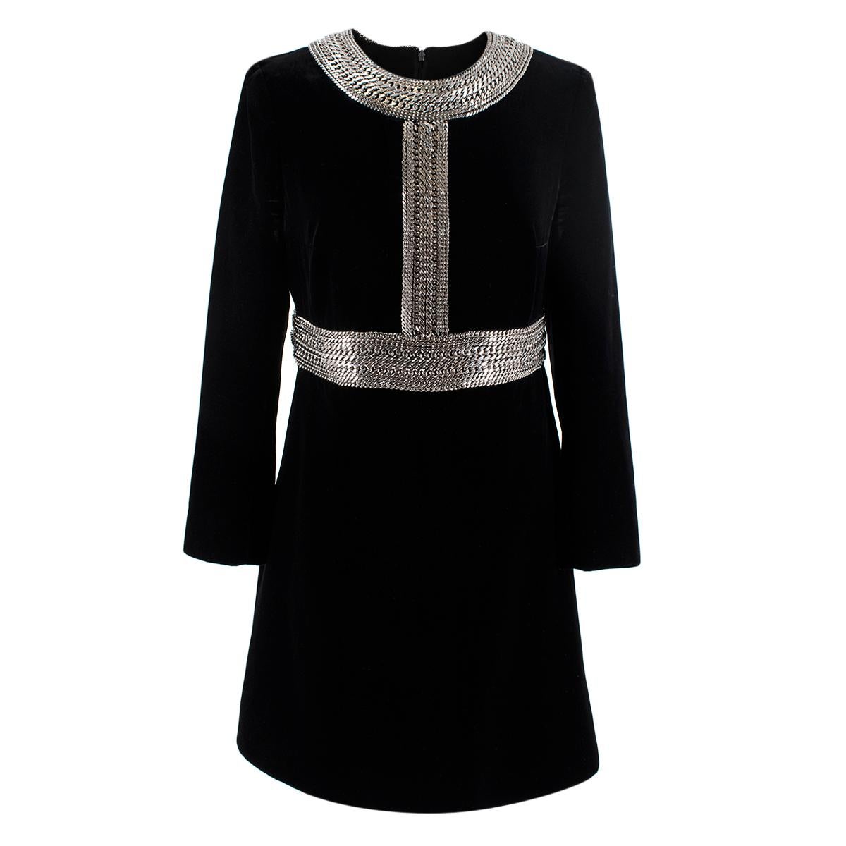 Saint Laurent Black Velvet Chain Trim Mini Dress - US Size 8 For Sale