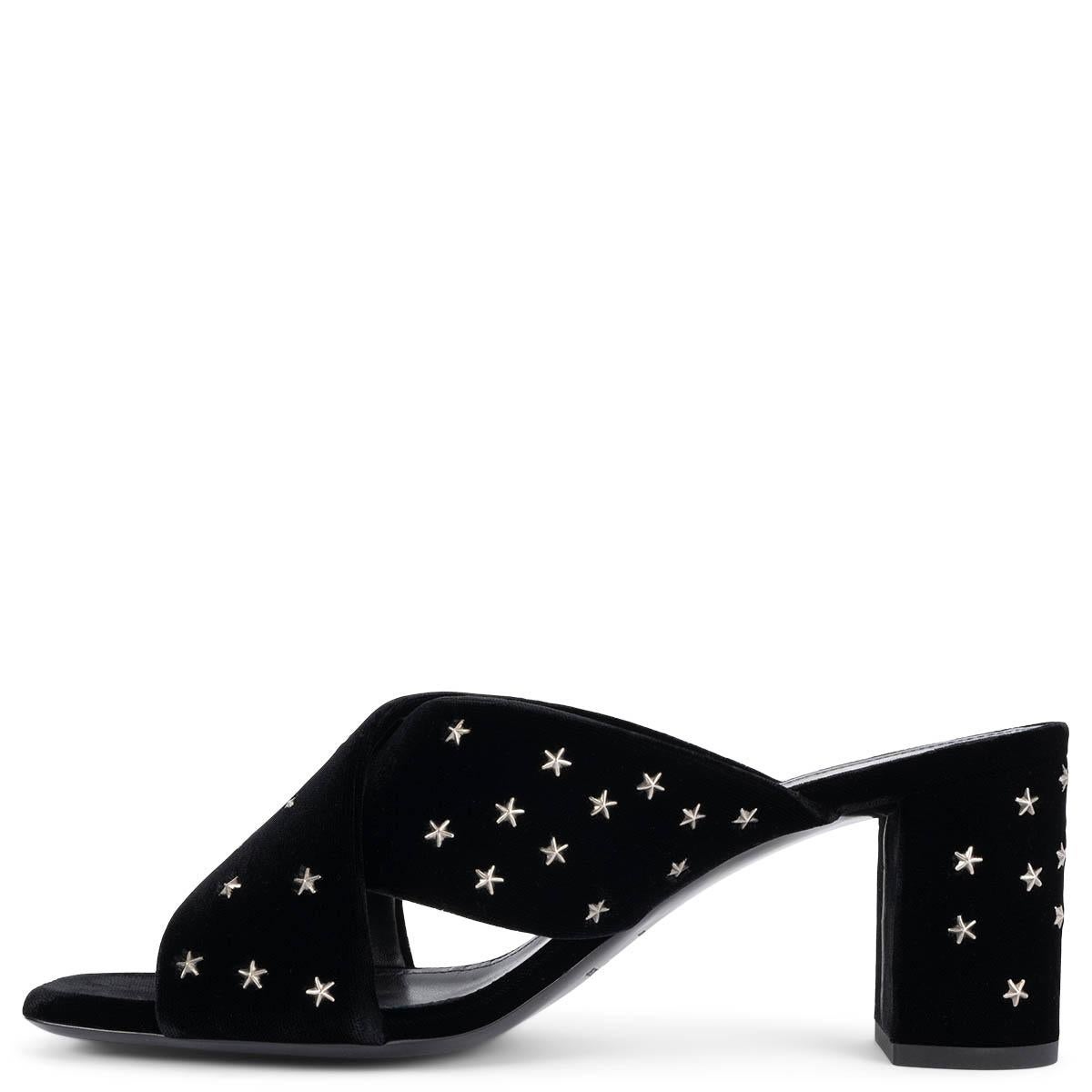 Black SAINT LAURENT black velvet LOU LOU 70 STAR STUDDED Sandals Shoes 37 For Sale