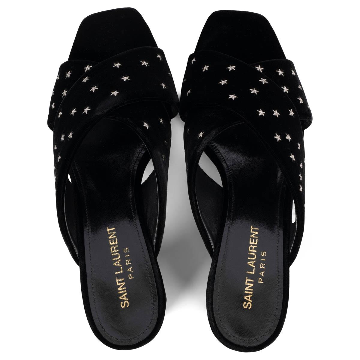 Women's SAINT LAURENT black velvet LOU LOU 70 STAR STUDDED Sandals Shoes 37 For Sale