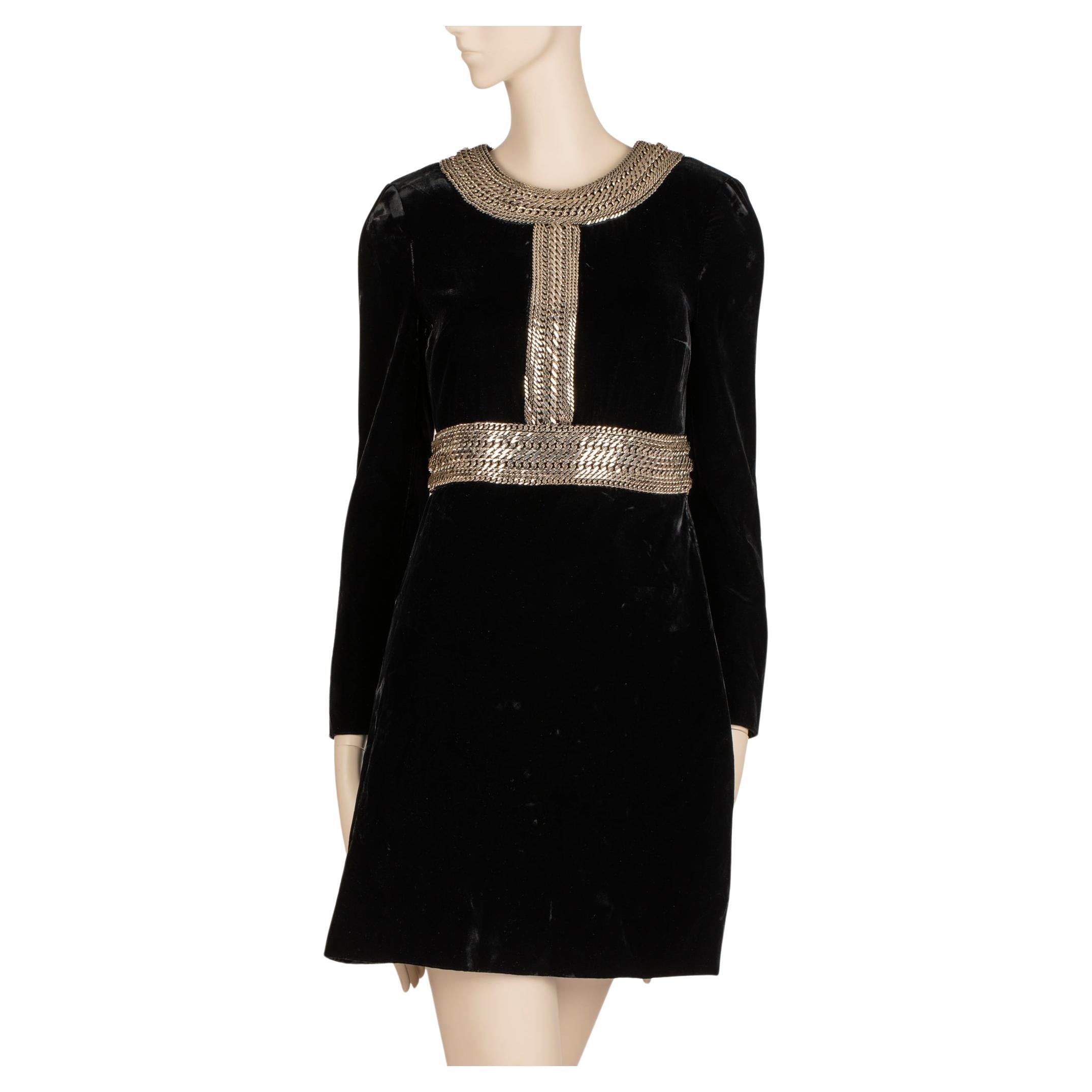 Saint Laurent Mini robe en velours noir bordée de chaînes argentées - 36 FR