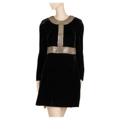 Saint Laurent Black Velvet Mini Dress with Silver Chain Trim - 36 FR