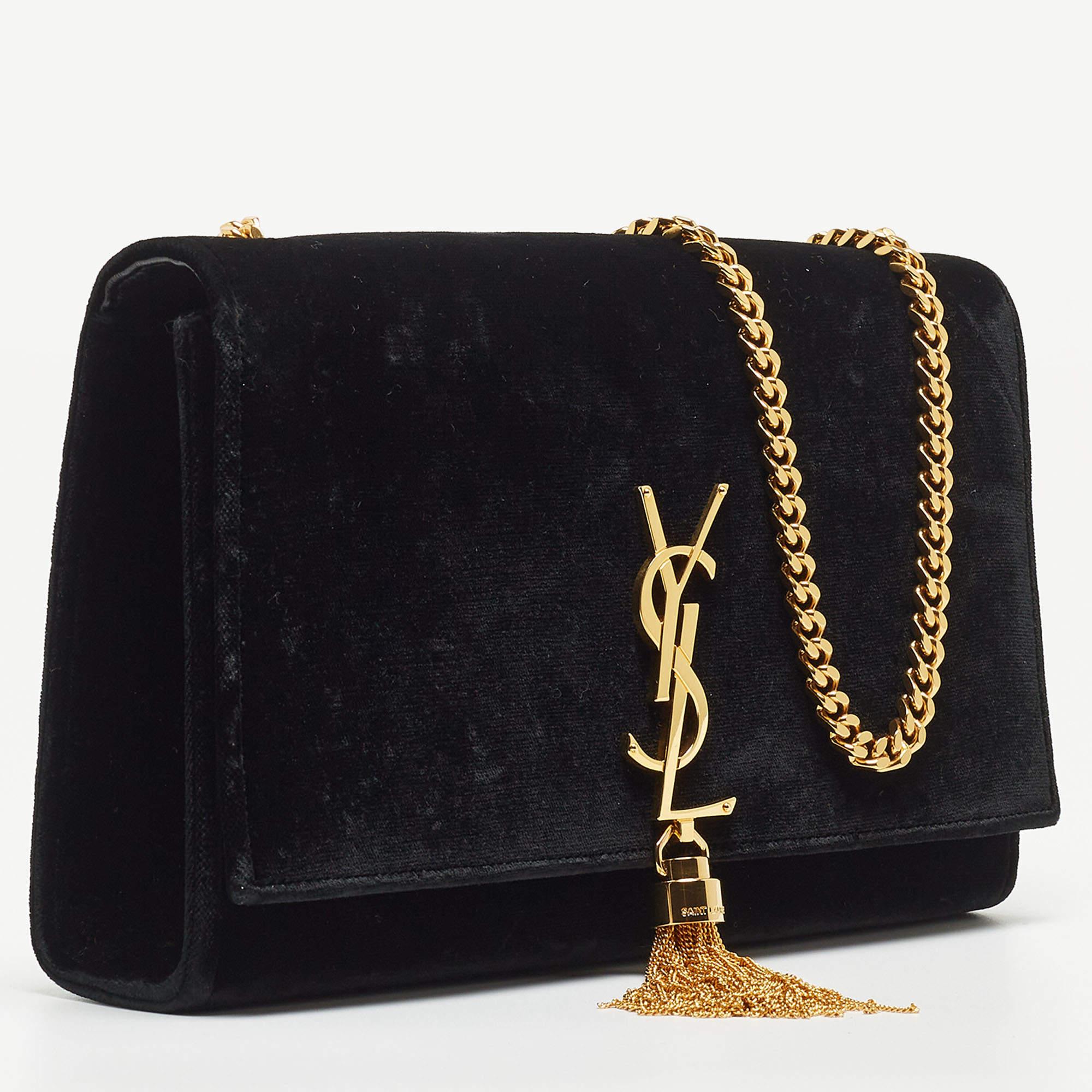Saint Laurent Black Velvet Monogram Kate Tassel Chain Bag 7
