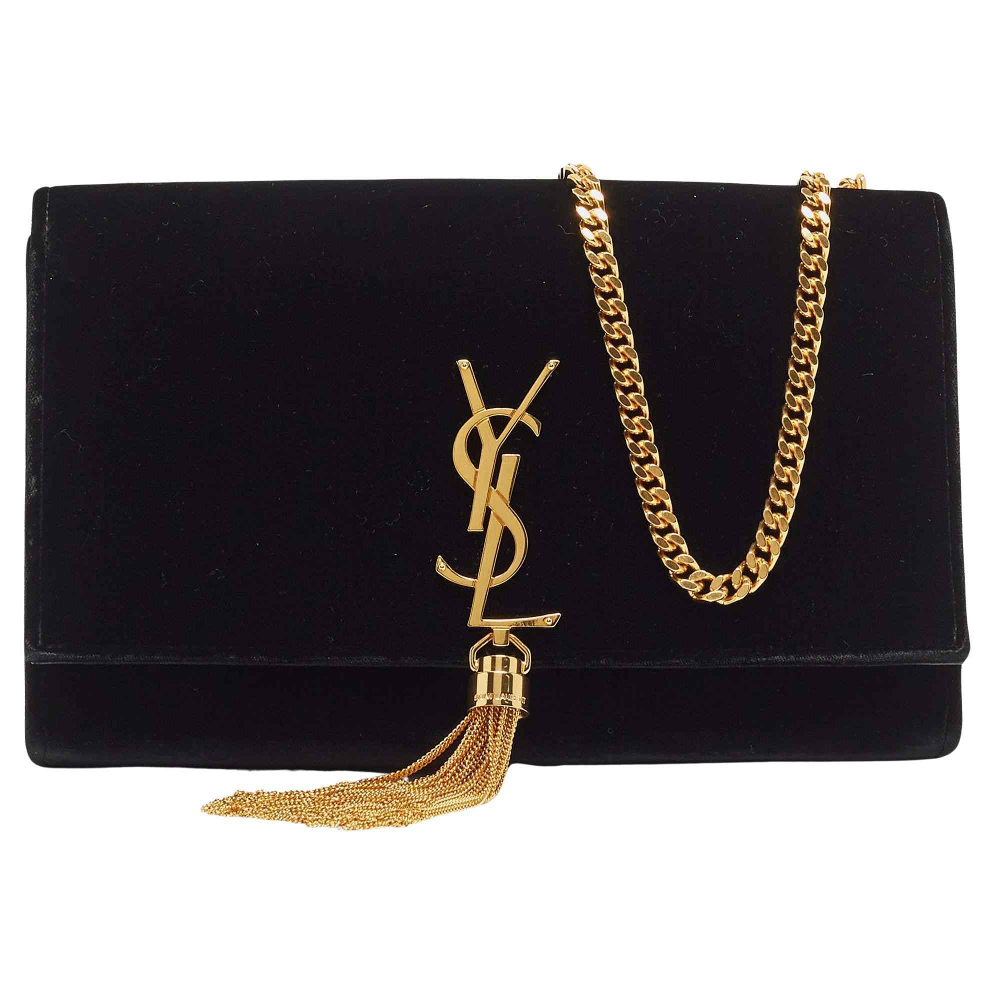 Saint Laurent Black Velvet Monogram Kate Tassel Chain Bag