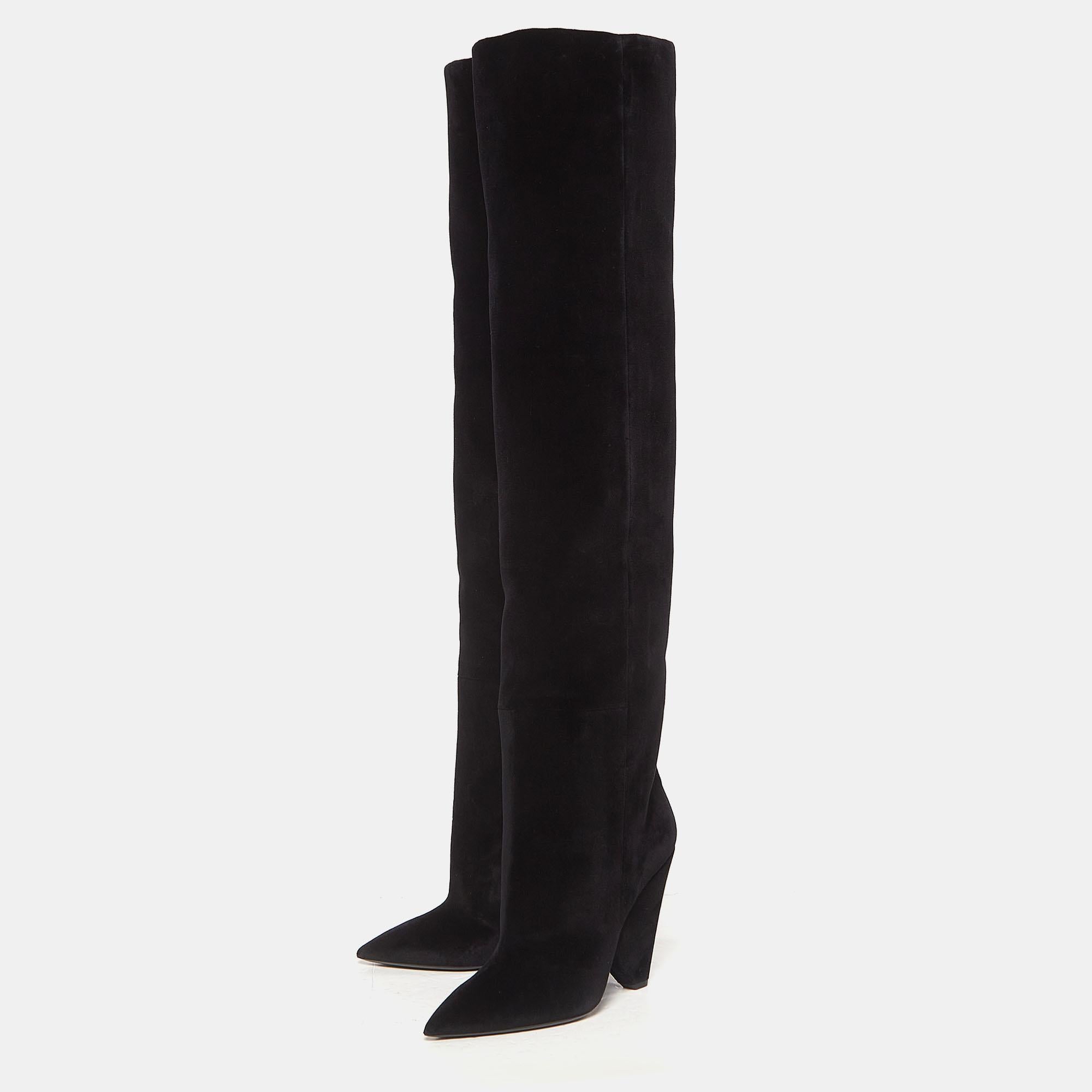 Saint Laurent Black Velvet Niki Over The Knee Boots Size 40 For Sale 6