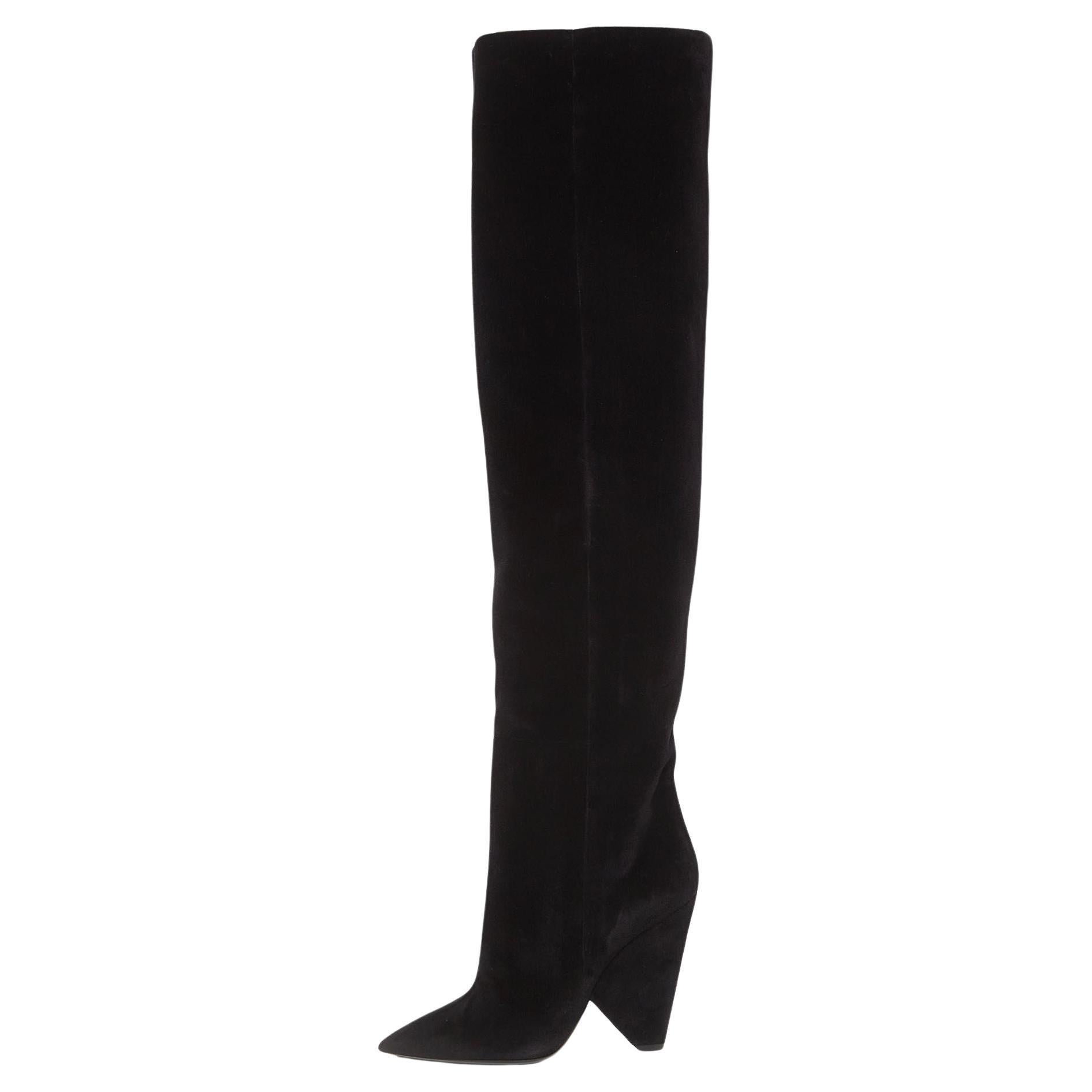 Saint Laurent Black Velvet Niki Over The Knee Boots Size 40 For Sale