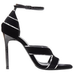 SAINT LAURENT black velvet silver trimmed high heel strappy sandals EU36